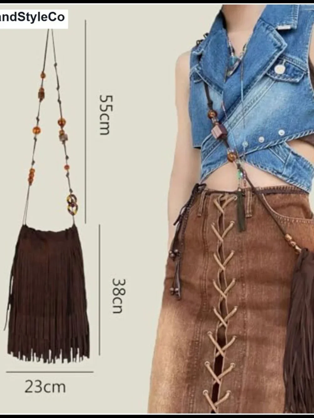 Boho Fringe Crossbody Bag with Beaded Strap and Tassels